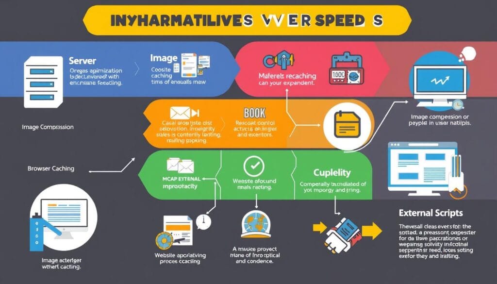 A visually appealing infographic showing diverse elements that influence website speed, including server optimization, image compression, browser caching, website design complexity, and external scripts. Use icons and illustrations to represent each factor, arranged in a dynamic layout with contrasting colors for clarity and engagement.