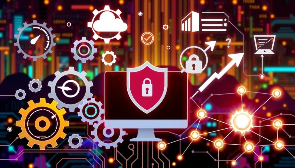 A digital landscape featuring various website optimization elements, including gears and cogs symbolizing speed and performance, a gauge measuring loading times, a shield representing security, sleek arrows indicating progress, and interconnected nodes reflecting efficient web architecture, all set against a vibrant tech background.