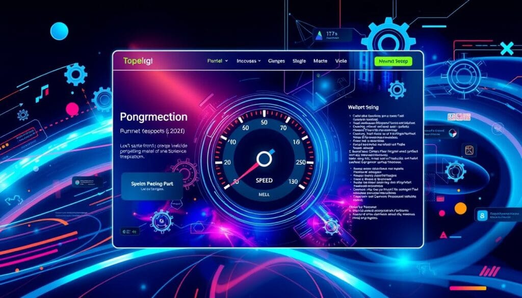 A sleek, modern website interface with a speedometer indicating high performance, surrounded by digital elements like gears and code snippets, vibrant colors, abstract design, and a sense of motion to convey speed.