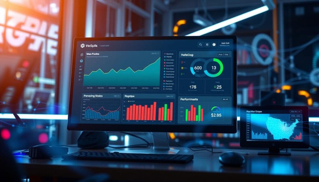 How to improve website speed and performance. A digital workspace with speed and performance analysis tools, featuring a sleek interface with graphs and metrics, a dashboard displaying website load times, and colorful performance indicators. The scene includes a computer screen with visual representations of data, surrounded by a high-tech, modern environment with abstract elements symbolizing connectivity and speed.