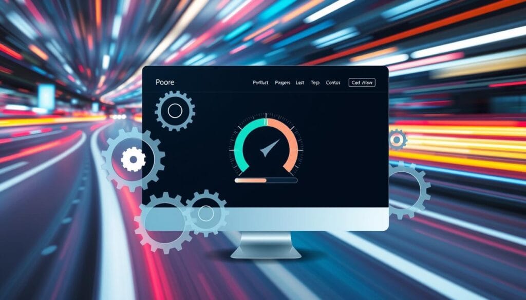 A sleek, modern website interface with elements like progress bars and loading icons, surrounded by gears symbolizing speed and efficiency, set against a vibrant digital landscape that conveys a sense of rapid movement and energy.